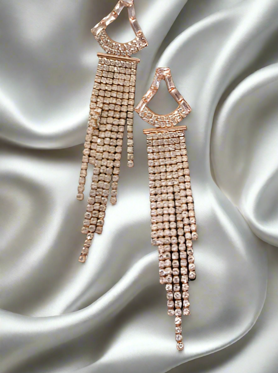 Rhinestone Triangular Long Tassel Earrings - Rose Gold