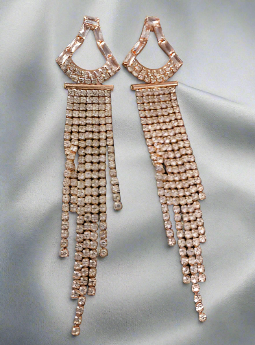 Rhinestone Triangular Long Tassel Earrings - Rose Gold