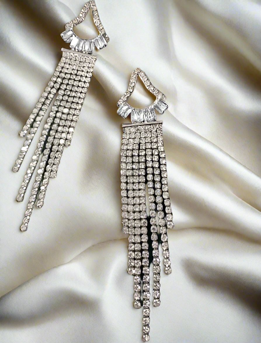 Rhinestone Triangular Long Tassel Earrings -Silver