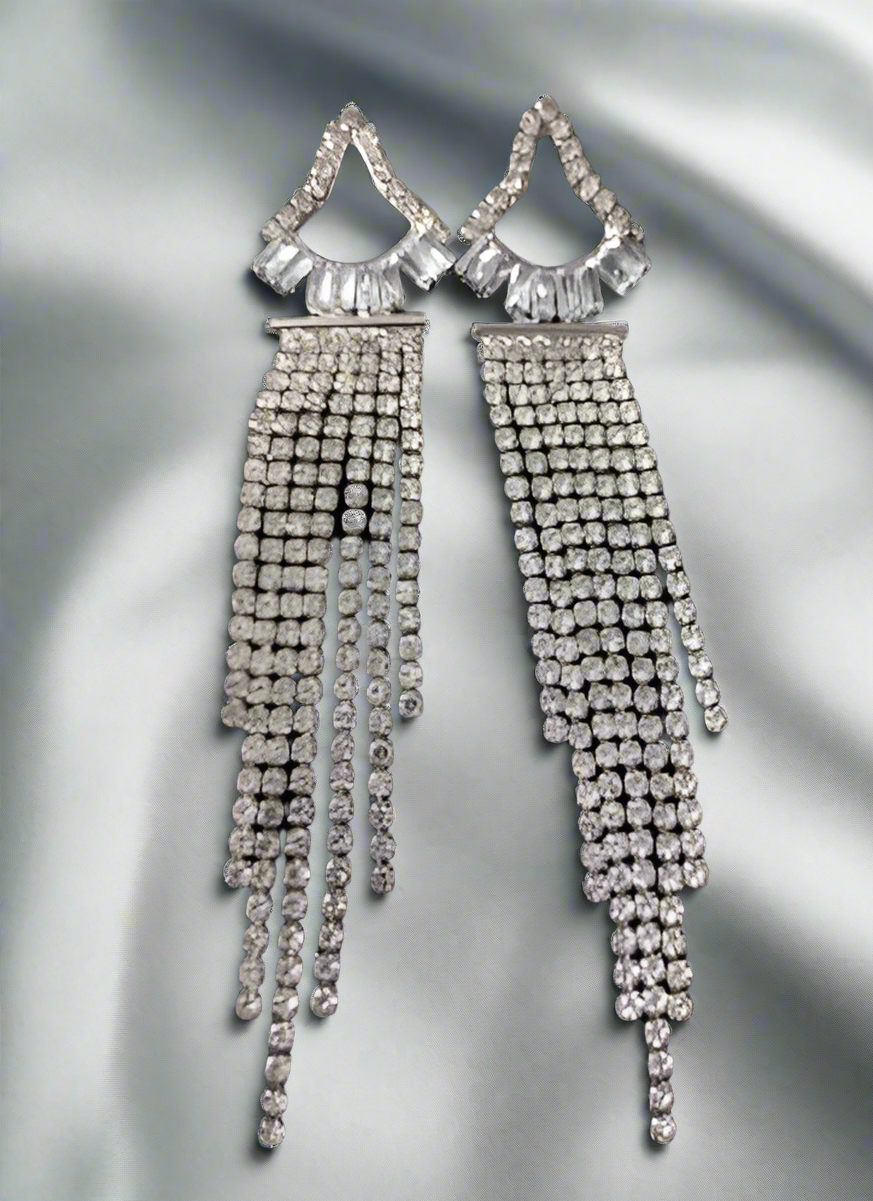 Rhinestone Triangular Long Tassel Earrings -Silver