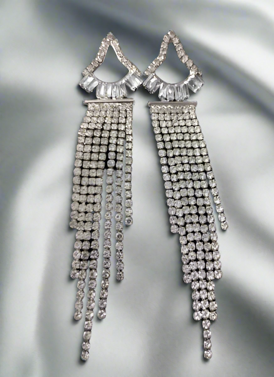 Rhinestone Triangular Long Tassel Earrings -Silver