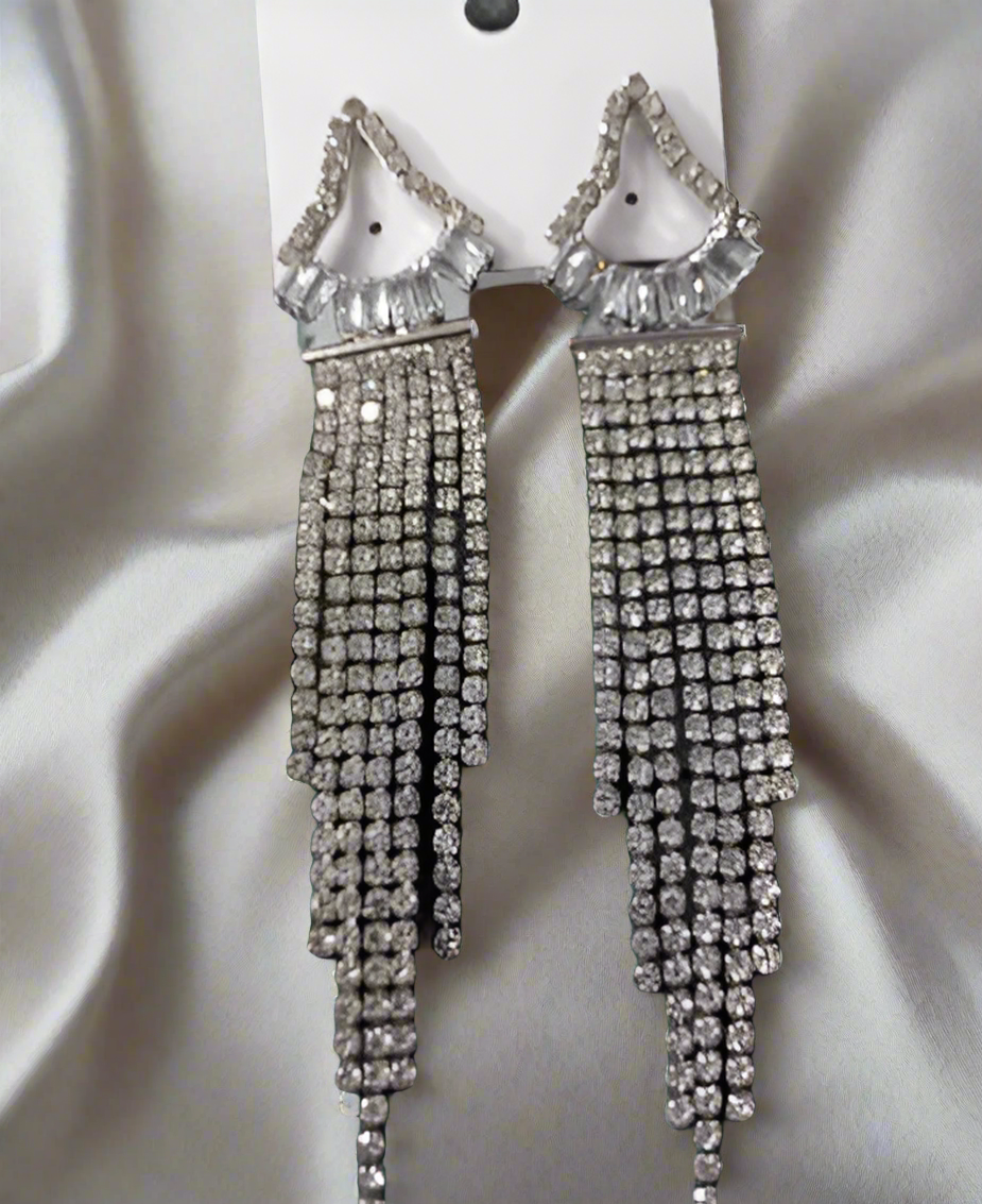 Rhinestone Triangular Long Tassel Earrings -Silver