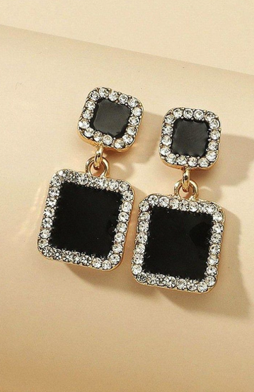 Elegant Black Square Rhinestone Earrings