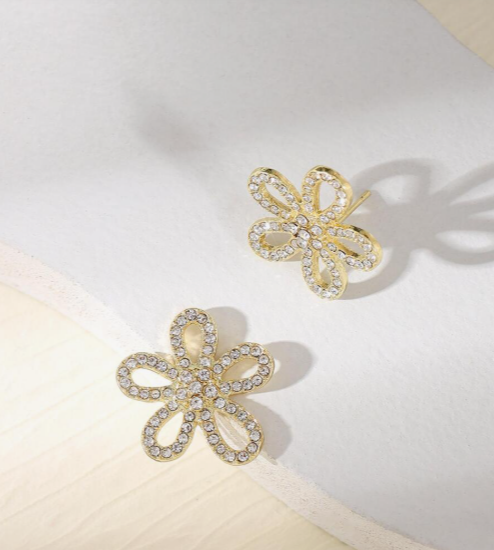 Rhinestone Hollow Flower Petal Earrings-GOLD