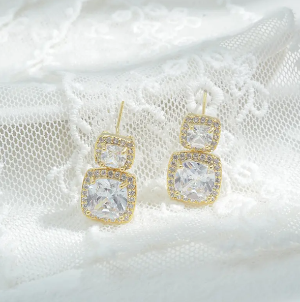 Golden Zircon Square Drop Earrings - SubhagAlankar