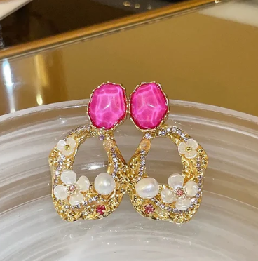 Elegant Pink Gem Floral Drop Earring - SubhagAlankar
