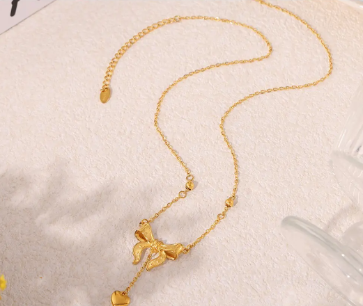 Gold Plated Bow Knot Heart Necklace - SubhagAlankar