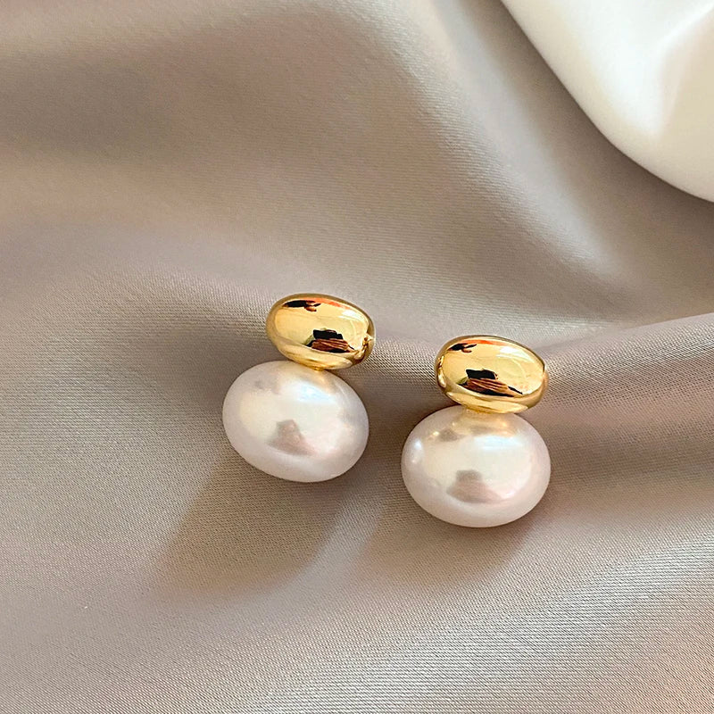 Elegant Gold Color Bean Spliced Flat Pearl Earrings