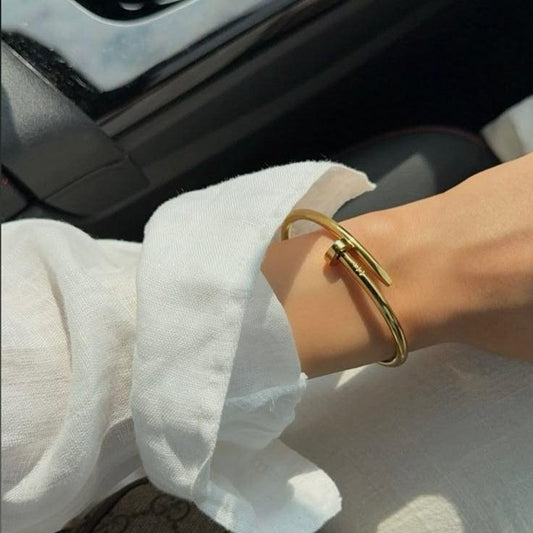Stainless Steel Nail Gold Toned Love Band Bangle Bracelet - SubhagAlankar