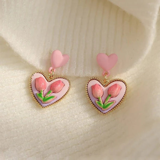 Pink Heart Tulip Drop Earring - SubhagAlankar