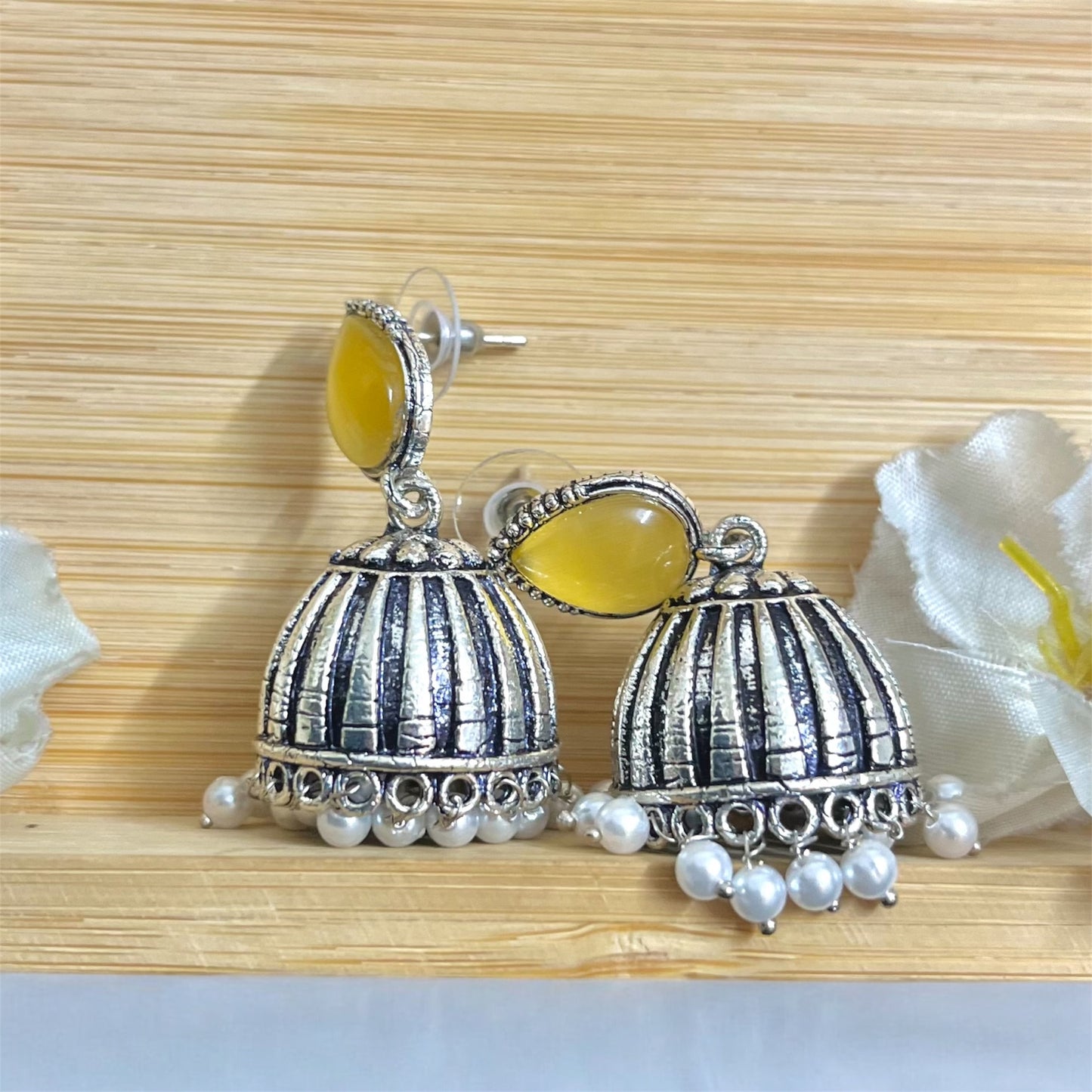 Raas Silver Jhumka - Yellow