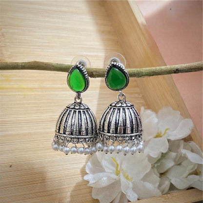 Raas Silver Jhumka - Green - SubhagAlankar