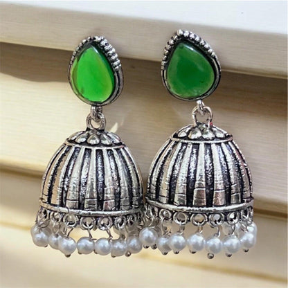 Raas Silver Jhumka - Green - SubhagAlankar