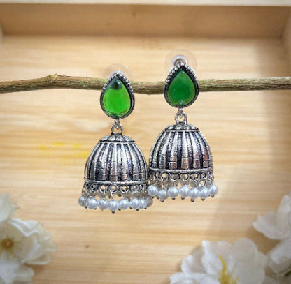 Raas Silver Jhumka - Green - SubhagAlankar