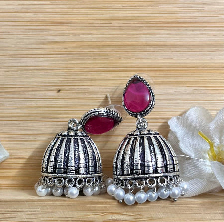 Raas Silver Jhumka - Rani Pink - SubhagAlankar