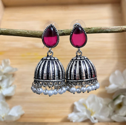 Raas Silver Jhumka - Rani Pink