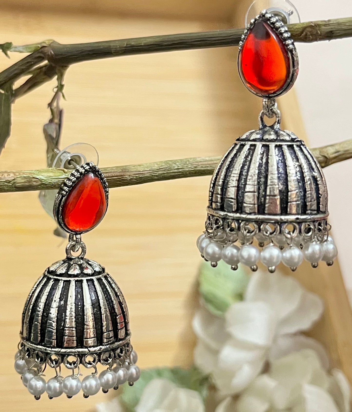 Raas Silver Jhumka - Red