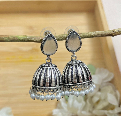 Raas Silver Jhumka - White - SubhagAlankar