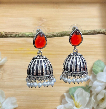 Raas Silver Jhumka - Red - SubhagAlankar