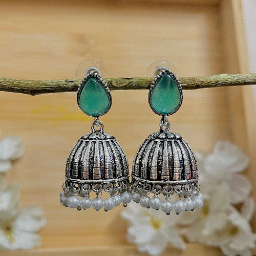 Raas Silver Jhumka - Aqua - SubhagAlankar