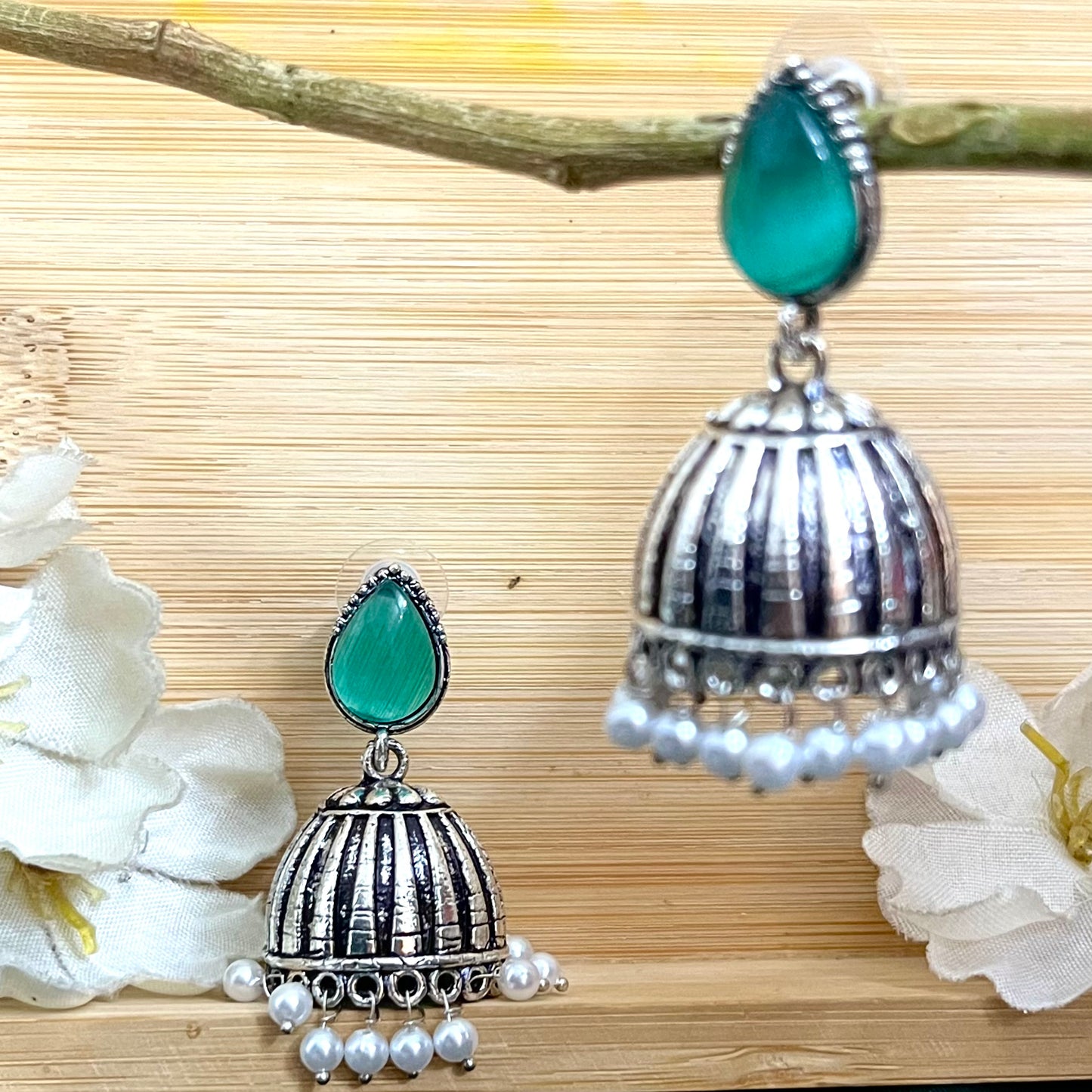 Raas Silver Jhumka - Aqua