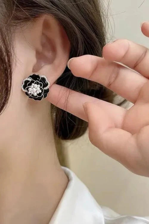 Black Enamel Rose Stud